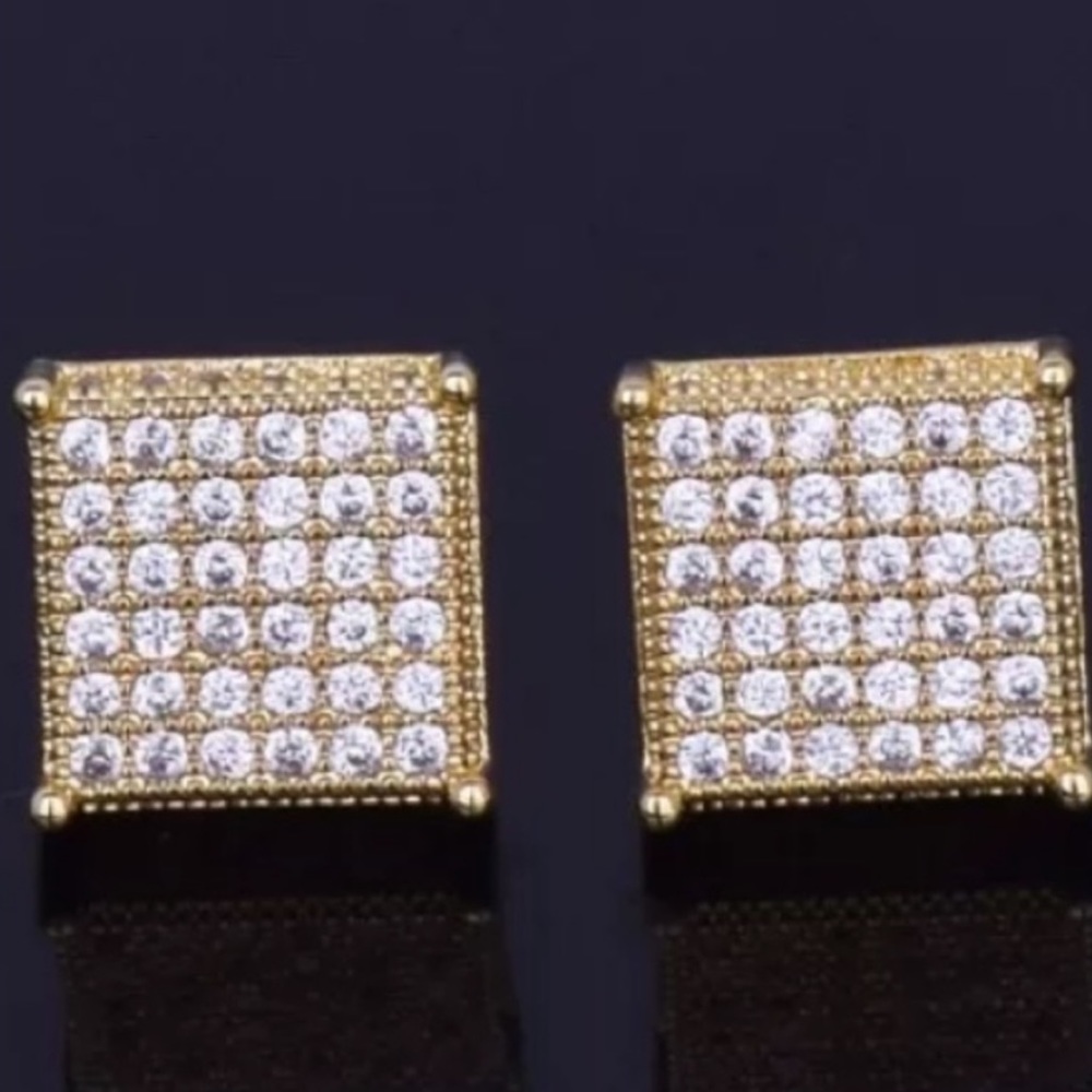 NEW GOLD BLING SQUARE FLASHY ICY EARRINGS